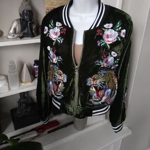 Green velour embroidered bomber jacket